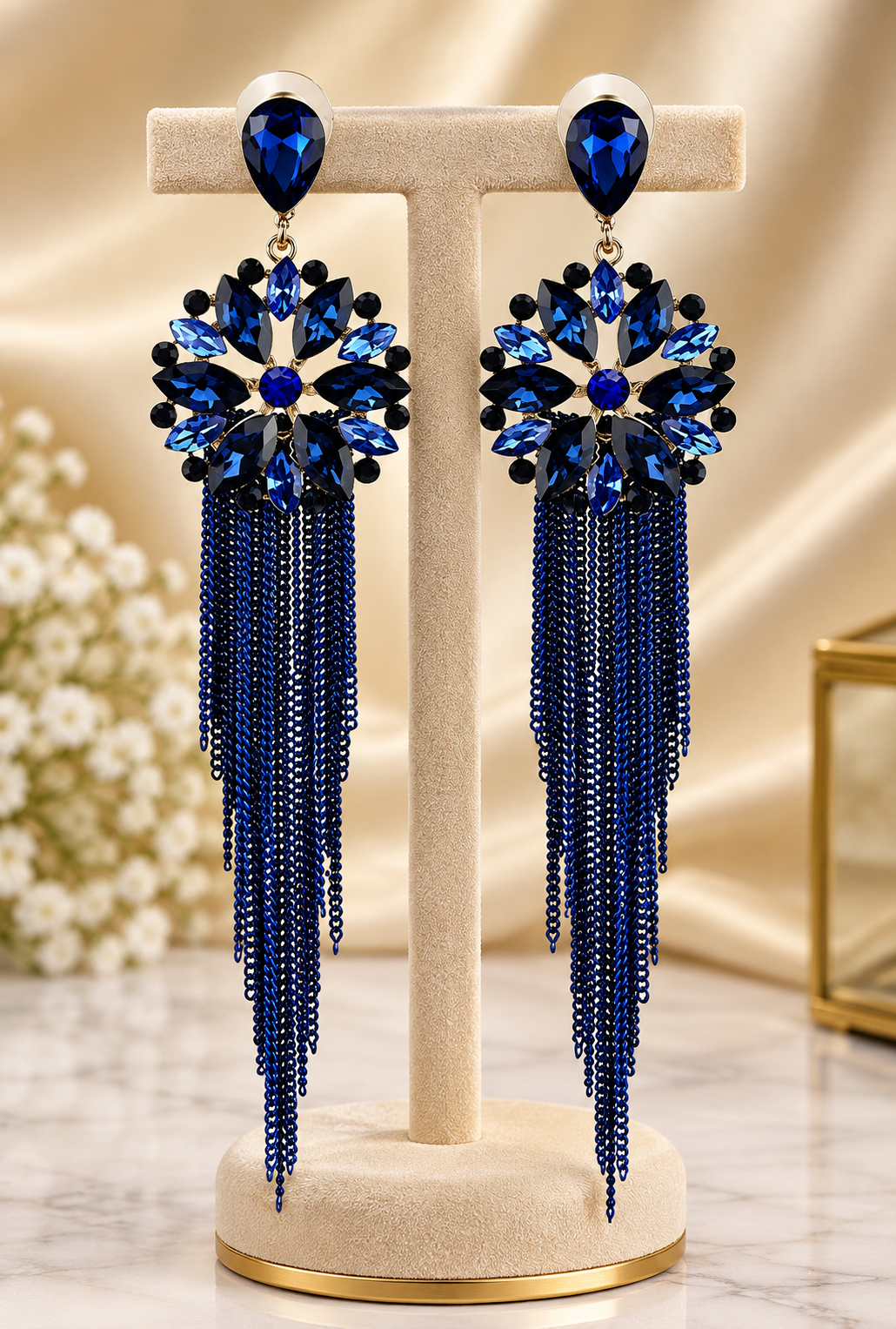 Navy Blue Crystal Chandelier Tassel Earrings