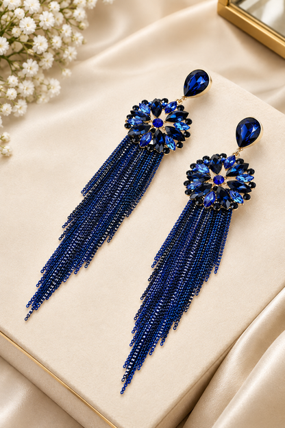 Navy Blue Crystal Chandelier Tassel Earrings